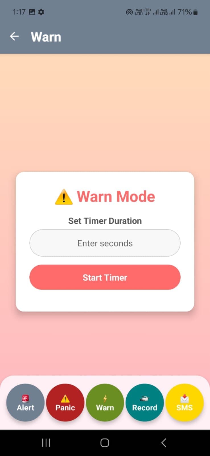 ARMOR app Warn mode with countdown timer